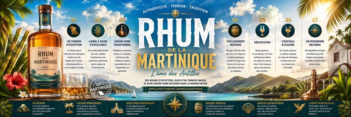 Infographie sur le rhum de la Martinique présentant l'AOC Martinique, les terroirs, les distilleries et les spécificités du rhum agricole martiniquais